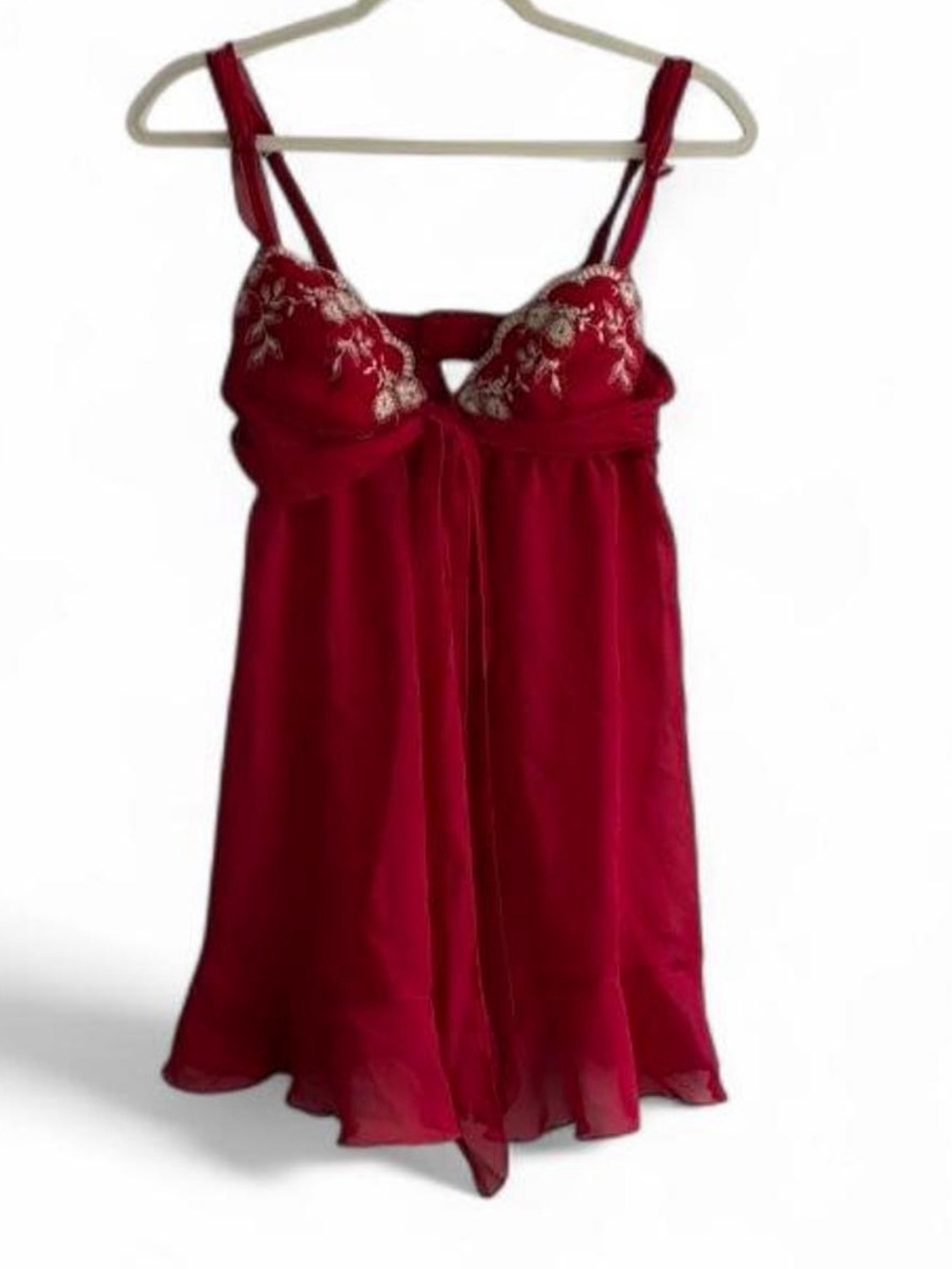 Cinema Etoile Red Chiffon Gold Embroidered Lingerie Babydoll Slip Top Size S
